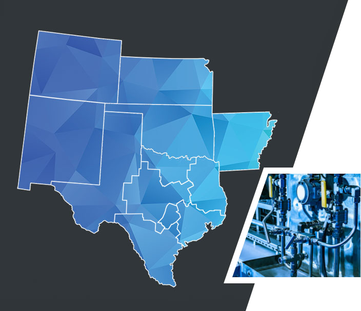 01-10n Map highlighting Texas & surrounding states with an inset of water utility technology & industrial monitoring equipment